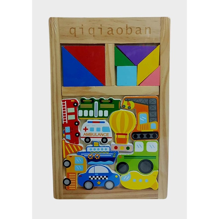 Puzzle din lemn educativ 2 in 1, ideal pentru dezvoltarea abilitatilor copiilor. Contine forme geometrice colorate pentru potrivire si constructie si inferioara include piese cu vehicule