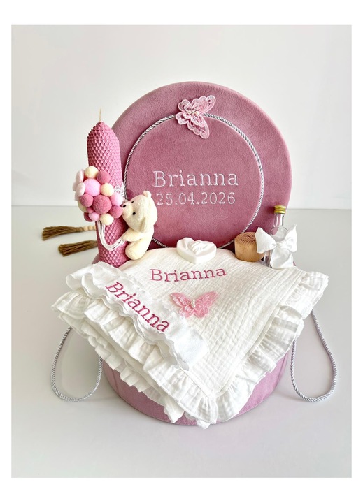 Set Trusou pentru Botez Elegant cu Cutie din Catifea Roz PUDRA și Lumanare, Personalizat, 100x100cm, 50x90cm
