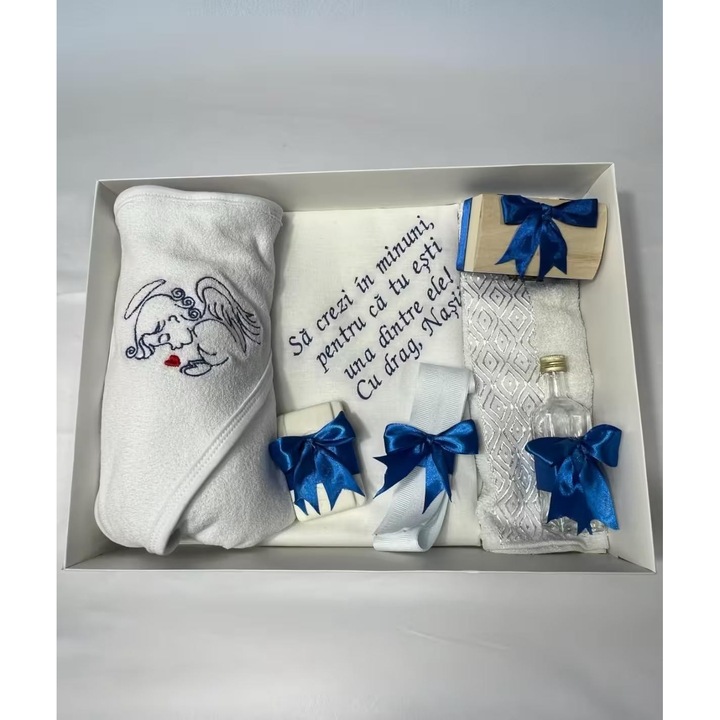 Trusou botez brodat, 7 piese, bumbac, albastru electric, 75x75cm, 80x100cm