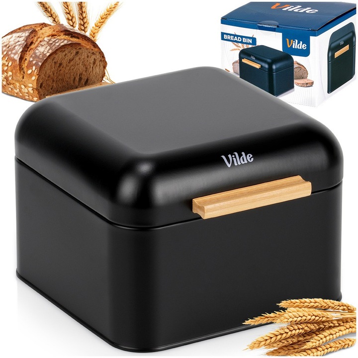 Caserola pentru pâine Vilde, metal și lemn, negru mat, 22x20x14.5 cm, design modern