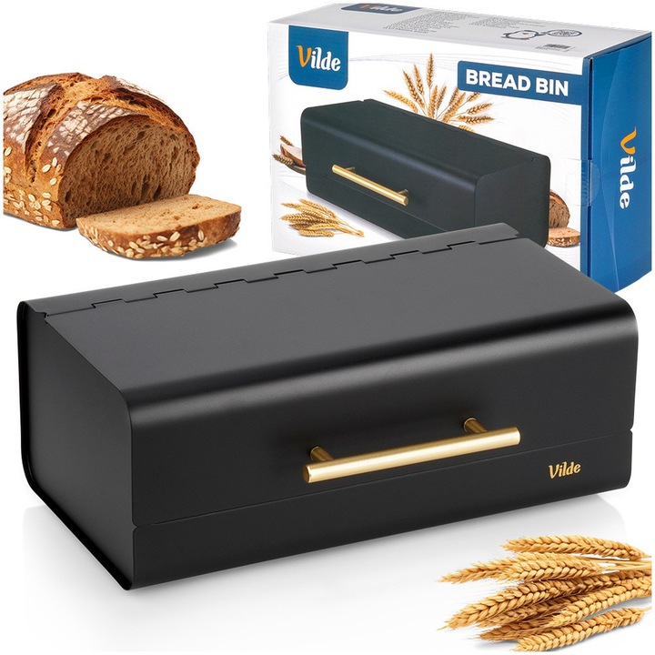 Cutie pentru pâine Vilde, metal, negru mat, 36x23x14.5 cm, închidere tip rulou cu mânere aurii