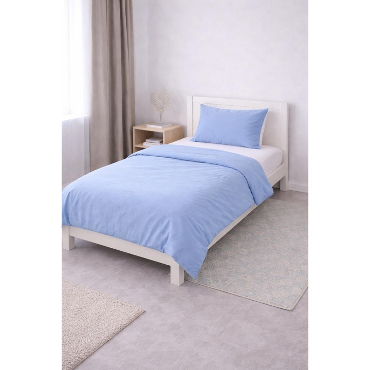 Lenjerie de Pat Set 3 Piese, Bumbac Finet Albastru, 90x200cm, Confectionata Manual