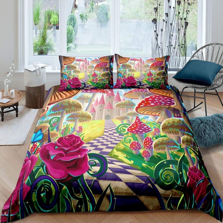 Lenjerie de pat set 3D Tbrand castel, husa pilotă 260x220 cm, 2 fețe perini 50x75 cm, bumbac, multicolor