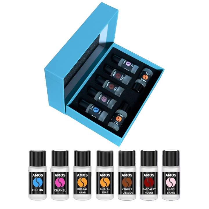 Set Parfumuri Auto AMOS Mini Blue, 7 Arome Premium 10ml, Cutie Albastră