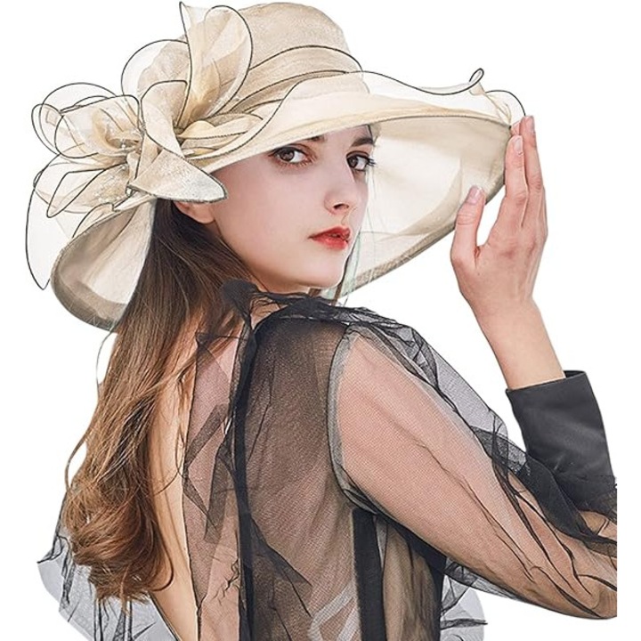 Palarie de soare pentru femei, bej, cu boruri largi, material moale, protectie UV 50+
