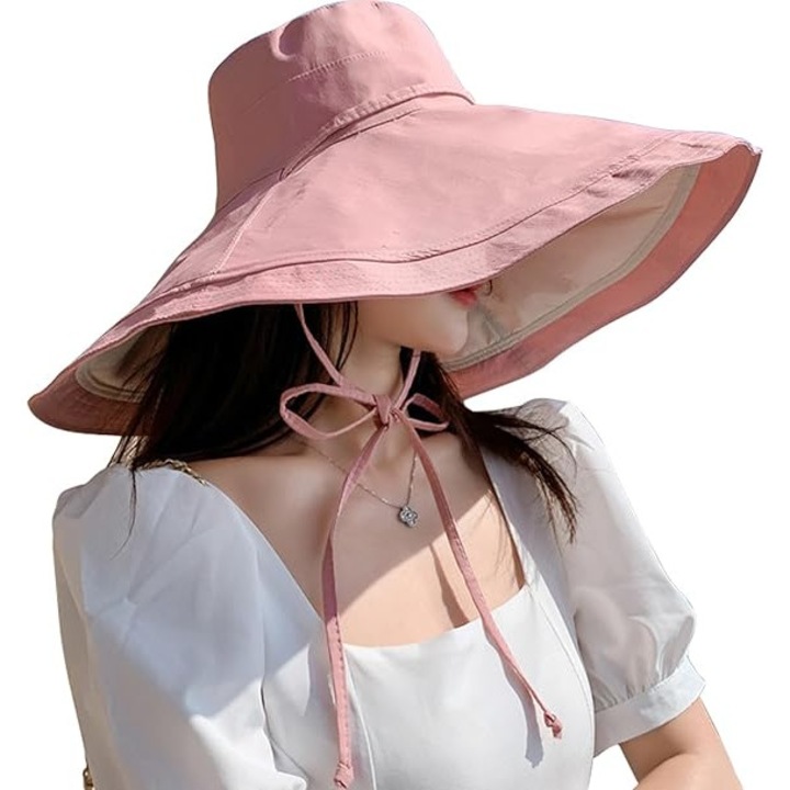 Palarie de soare cu boruri largi, protectie UV 50+, design reversibil, roz