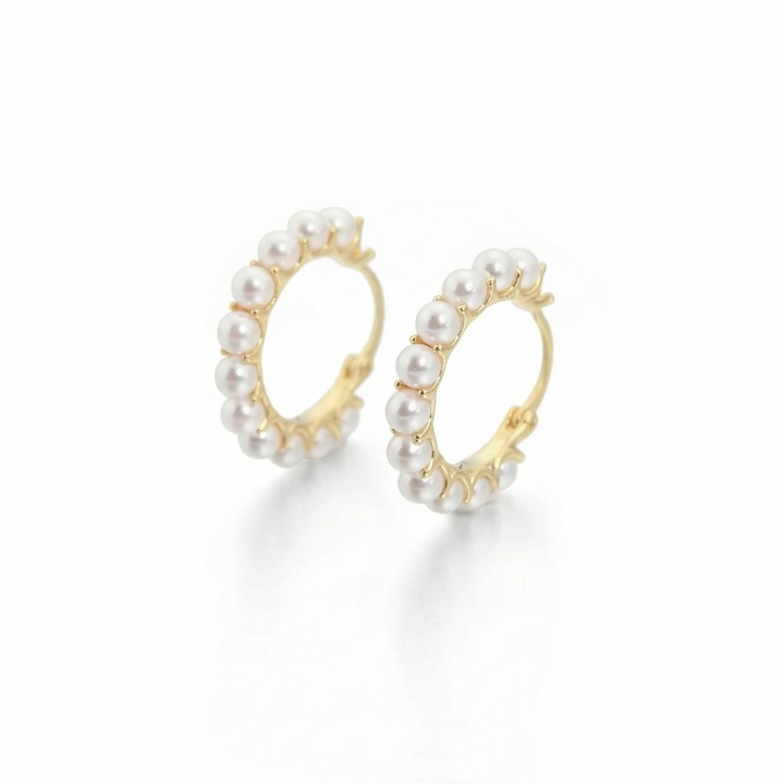 Cercei aur 14K rotunzi cu perle, model huggie, 11 perle, 21.6mm x 21.8mm, pentru dama