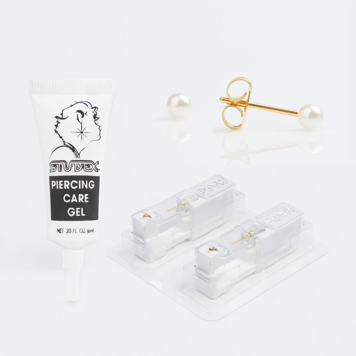 Pachet complet piercing urechi – Cercei medicinali cu dispozitiv pentru piercing Perla 3 mm. + Gel ingrijire