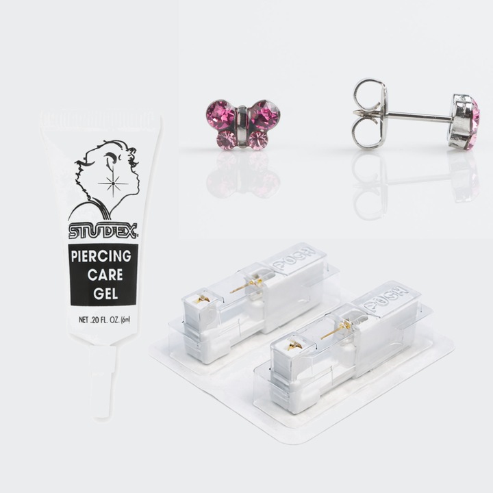Pachet complet piercing urechi – Cercei medicinali cu dispozitiv pentru piercing Fluture Roz 7, 5 mm. + Gel ingrijire