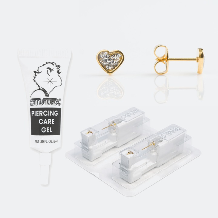 Pachet complet piercing urechi – Cercei medicinali cu dispozitiv pentru piercing Inima Glitter Aurii 7 mm. + Gel ingrijire
