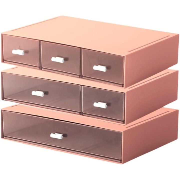 Organizer birou cu 3 etaje, 6 sertare, cutie de depozitare stivuibila, pentru articole de birou si cosmetice, roz, 23x16.5x12.7cm
