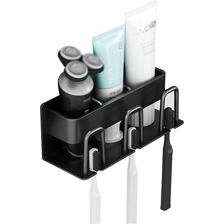 Suport de periuta de dinti din aluminiu, montat pe perete, cu 3 compartimente, 3 suporturi pentru cupe, 20x7.7x7.5cm, waterproof