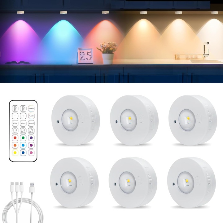 Set de iluminat pentru dulapuri, LED wireless cu incarcare magnetica, 3 temperaturi de culoare + 9 culori RGB, dimabil, 6 piese