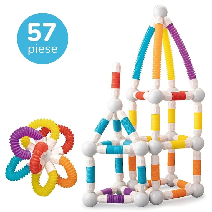 Set de constructii 3D magnetic, cu bile si tuburi flexibile, joc educativ STEM, 57 piese