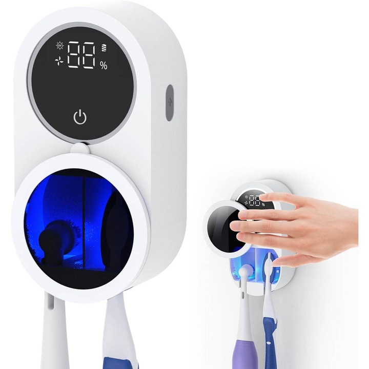Suport periuta de dinti electric montat pe perete, sterilizare UV-C si UV-A, 2 compartimente, senzor inteligent, incarcare rapida, design compact