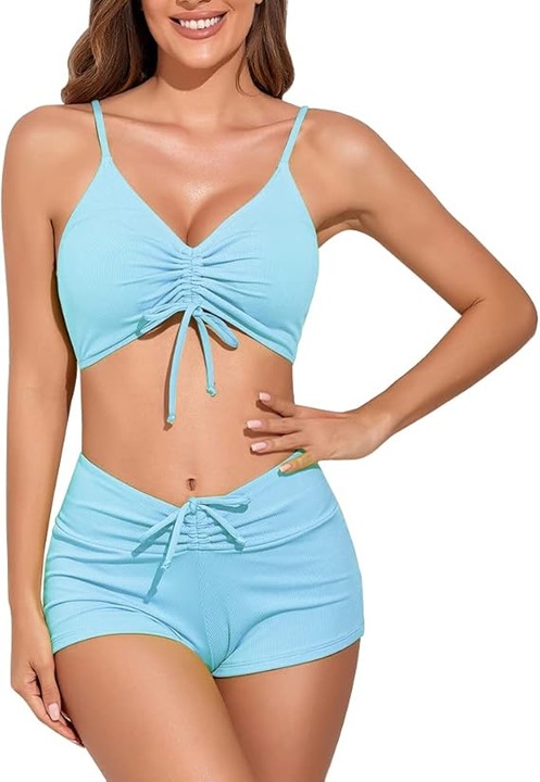 Costum de baie dama 2 piese, pantaloni scurti tip boxeri si sutien tip bustiera cu burete detasabil, Albastru deschis