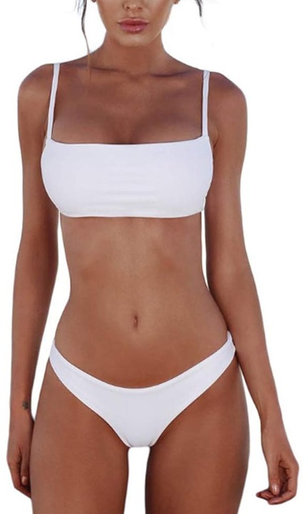 Costum de baie dama 2 piese, cu bretele reglabile, model slim fit, material elastic si uscare rapida, design sexy ce evidentiaza silueta, Alb, Marimea M