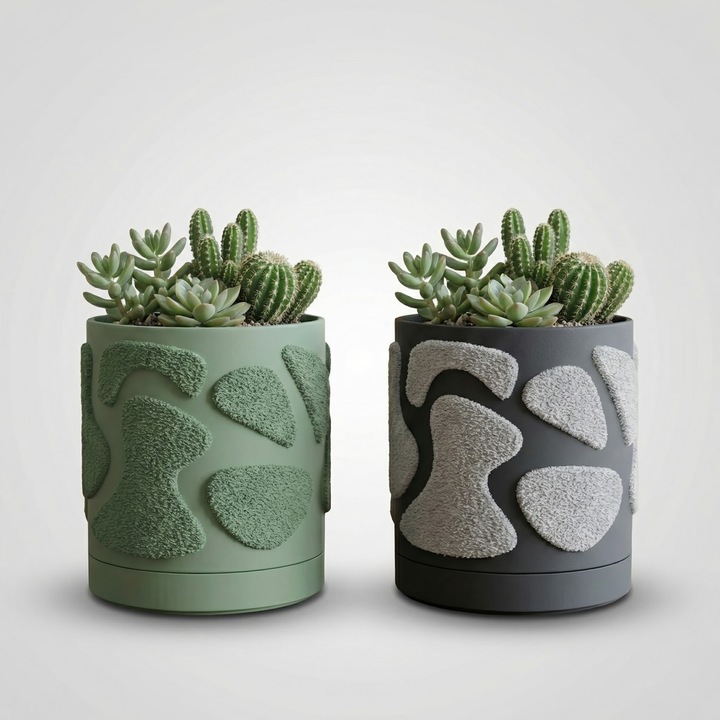 Ghiveci decorativ verde, plastic PLA, 14 cm, cu drenaj integrat, textura organică