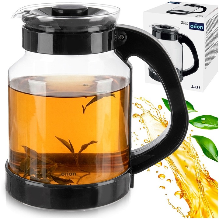 Cana Pentru Ceai Si Cafea, Orion, 2.25 L / 20x14x20.5 cm, Sticla Borosilicata Si Plastic, Transparent/Negru, Carafa Termorezistenta Cu Capac Si Maner Ergonomic, Ideala Pentru Bauturi Calde Si Reci Apa Sucuri, Servire Eleganta Pe Masa