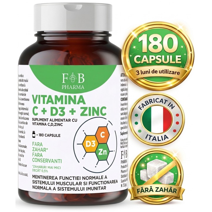 Vitamina C + D3 + Zinc FB Pharma, 180 capsule, formula tripla BioActive+, antioxidant, imunitate