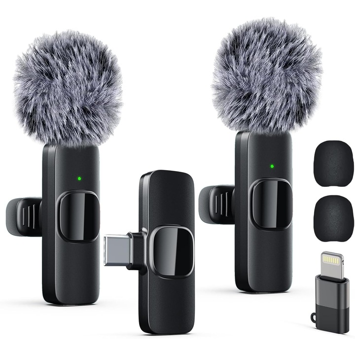 Безжичен микрофон Lavaliera XPQKDC®, двойна система за iPhone, iPad, 2.4G връзка, Plug & Play, латентност 0.008s, видеозапис за Vlog, YouTube, черен