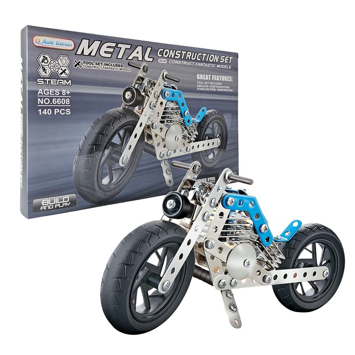 Set constructie metalica Motocicleta 140 piese, Inginerie STEM, + 8 ani