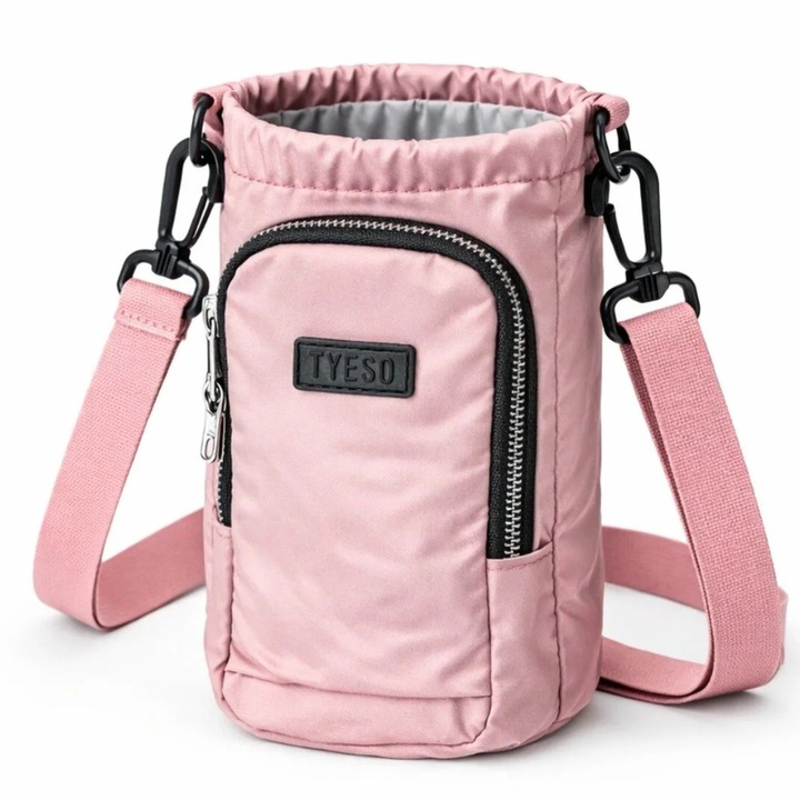Husa portabila TYESO pentru sticla si termos, nylon durabil, bretea reglabila, M 9x22 cm roz prafuit