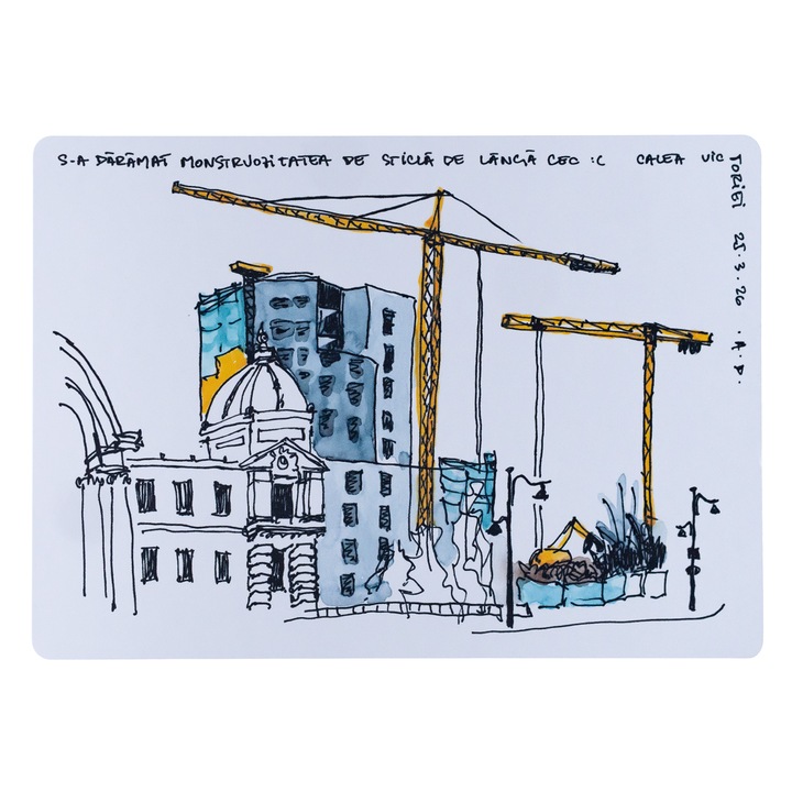 Carte Postala Bucuresti, Calea Victoriei, Ilustratie Originala Acuarela, Carton Alb, 10x15 cm