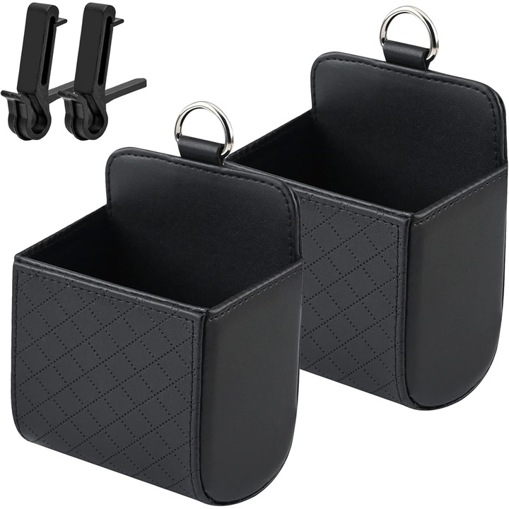 Cutie de depozitare auto, set de 2 bucati, cu carlige, din piele PU, pentru chei, ochelari, 8.7x5.5x10.5cm