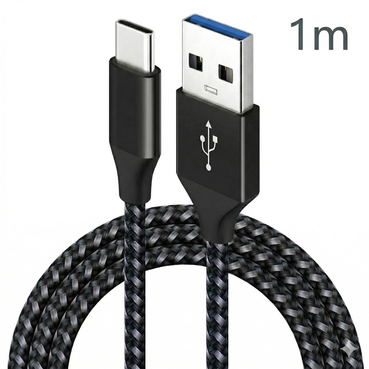 Cablu de date si incarcare rapida Wyred by Monga, model Wyre AC01B, USB la USB Type-C, 1M, 3A, Quick Charge 3.0, Nylon Dublu Impletit, Transfer 480Mbps, Negru Dark