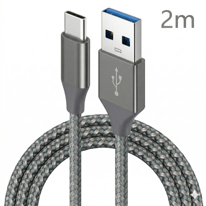 Cablu de date si incarcare rapida Wyred by Monga, model Wyre AC02B, USB la USB Type-C, 2M, 3A, Quick Charge 3.0, Nylon Dublu Impletit, Transfer 480Mbps, Silver