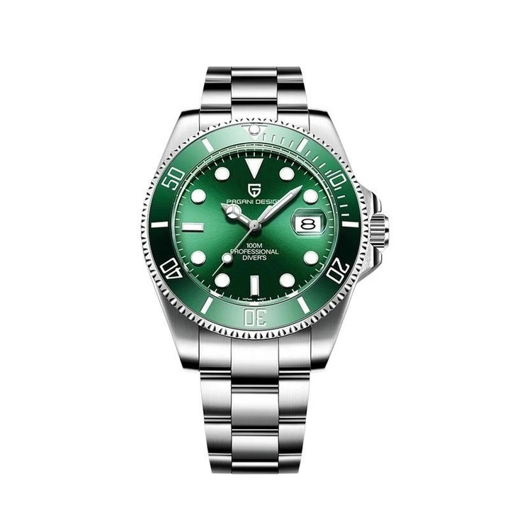 Ceas Barbati Pagani Design PD-1683, Cadran Verde, Bratara Argintie, Waterproof 100M, 43x21mm