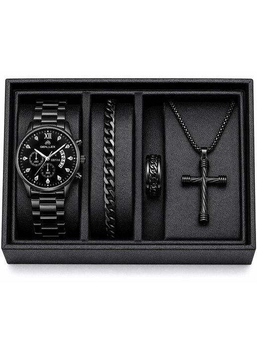 Set cadou premium bărbați, Geneva, ceas quartz negru, brățară, inel, ambalaj elegant