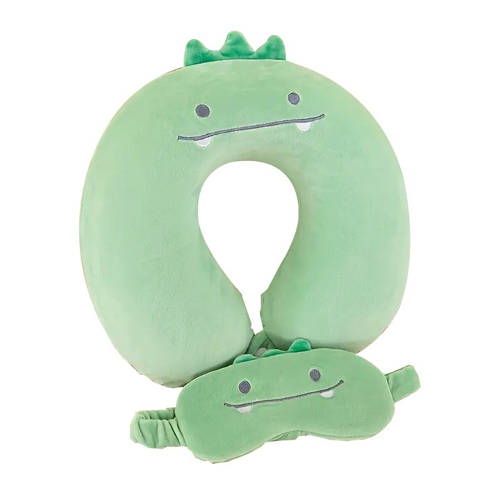 Perna de calatorie pentru copii, suport pentru gat din spuma cu memorie, design ergonomic, verde, set cu masca pentru ochi