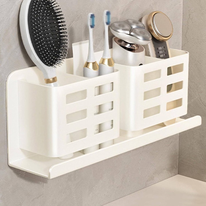 Suport de periute de dinti montat pe perete, alb, 4 sloturi, din aluminiu, multifunctional