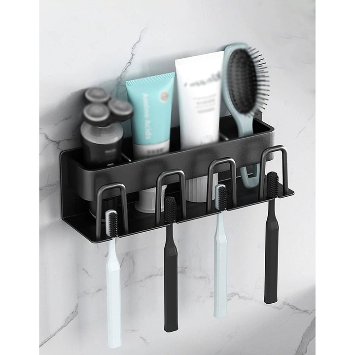 Suport de periuta de dinti din aluminiu, montat pe perete, cu 4 compartimente, 26x7.7x7.5cm, ecologic, rezistent la apa