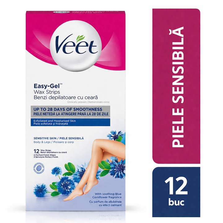 Benzi depilatoare cu ceara Veet Easy-Gel pentru piele sensibila, 12 buc, parfum de albastrele