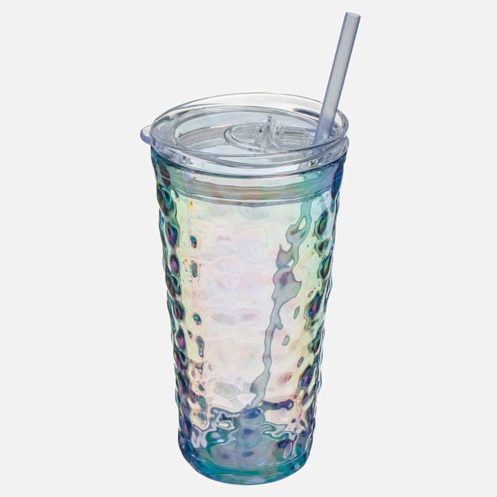 Pahar Plastic cu Capac și Pai "Crystal", 650ml, Iridescent