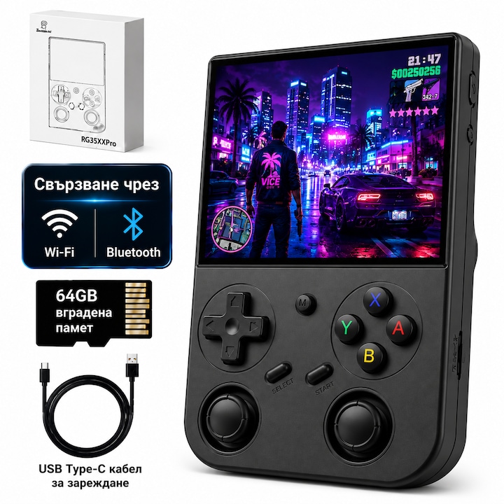 Конзола за игри, Anbernic RG35XX Pro, преносима, ретро, WiFi, Bluetooth, 64 GB, 3.5" IPS екран
