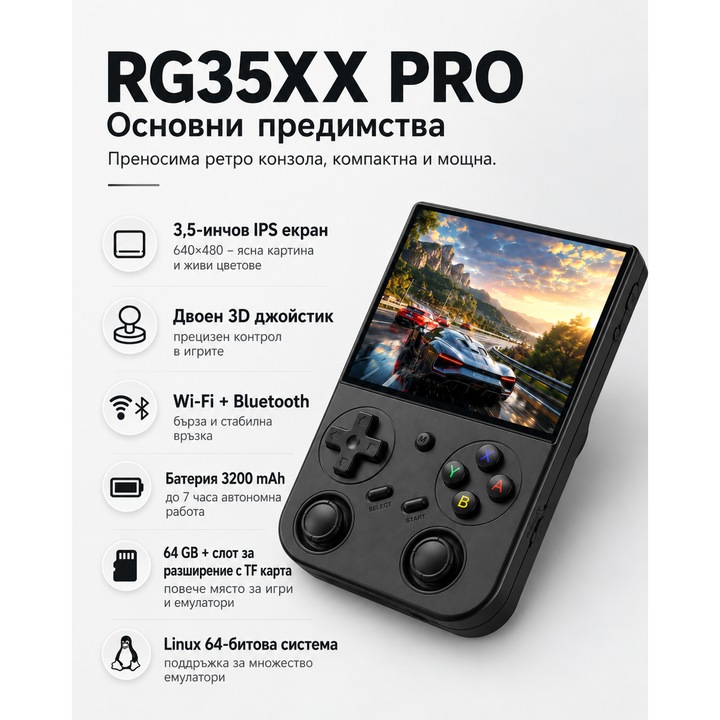 Конзола за игри, Anbernic RG35XX Pro, преносима, ретро, WiFi, Bluetooth, 64 GB, 3.5" IPS екран