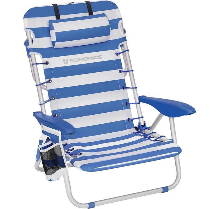 Scaun plaja portabil cu spatar rabatabil 4 pozitii, cadru aluminiu Oxford 600D, max 150 kg, 68x63x75 cm, alb albastru