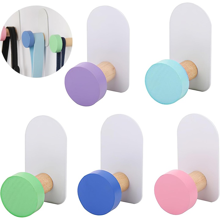 Set de 5 carlige colorate autoadezive pentru baie, fara gaurire, pentru prosoape, umerase, bucatarie, dormitor