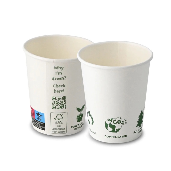 50 db fehér nyomtatott pohár készlet, PLA-val bevont karton, 240ml/8oz, Ø 80 mm
