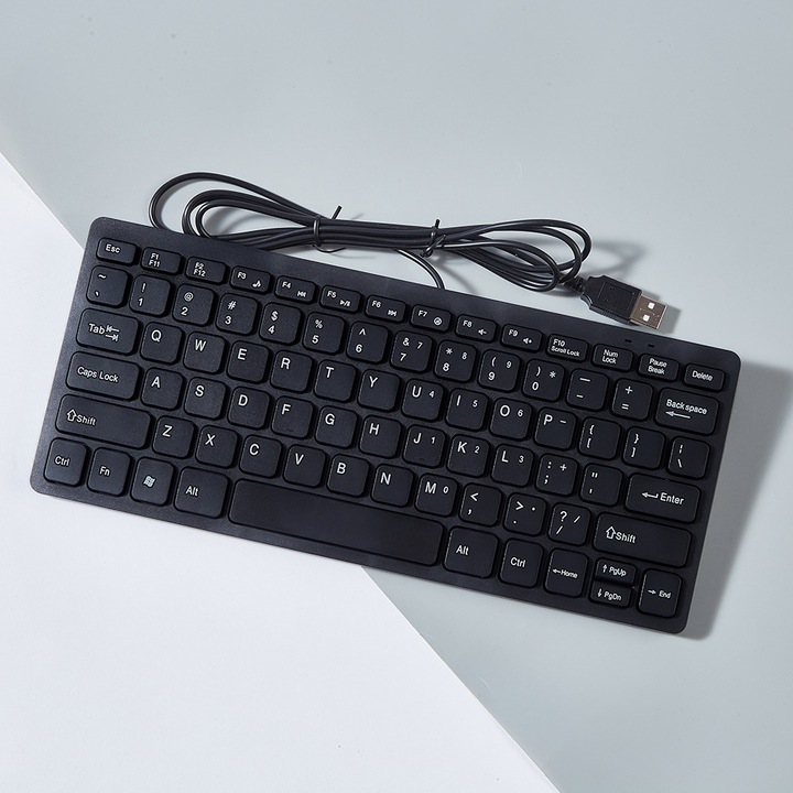 Tastatura mini silentioasa cu fir, neagra, pentru desktop si laptop