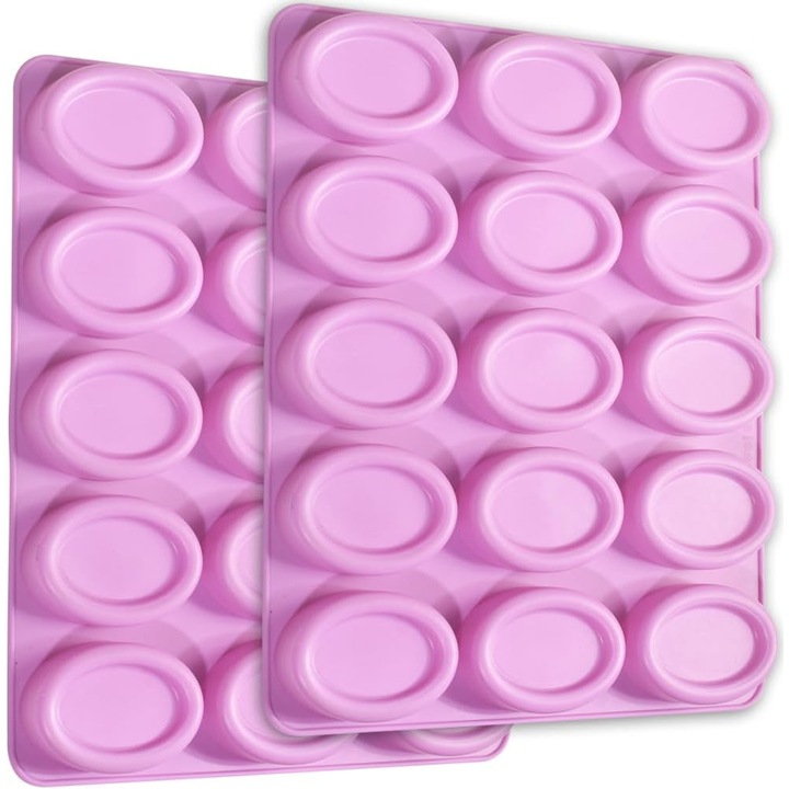 Set de 2 forme ovale din silicon, 15 cavitati, pentru prajituri, ciocolata, sapunuri, biscuiti, bombi de baie