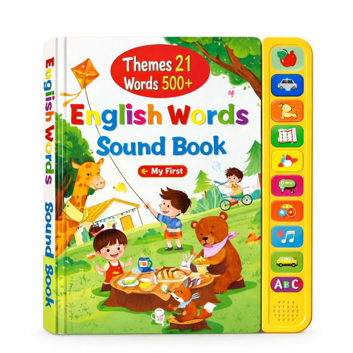 Carte sonora copii in limba engleza, English Words Sound Book, carte educativa interactiva, invatare engleza copii, carte cu sunete si vocabular, jucarie educativa audio, 500+ cuvinte, 21 teme, cadou copii 3+ ani