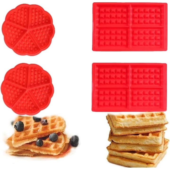Set de 4 forme din silicon pentru vafe, prajituri, cuburi de gheata, ciocolata si bomboane, rosu, forme inima si dreptunghiulare, 28.5x18.5x1.5cm, 17.5x1.5cm