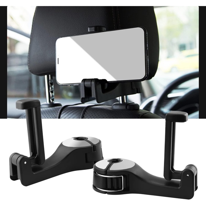 Set 2 Suporturi Auto pentru Tetiera, Design Rotativ 360°, Material ABS si Silicon, Capacitate 10 kg, Portabil