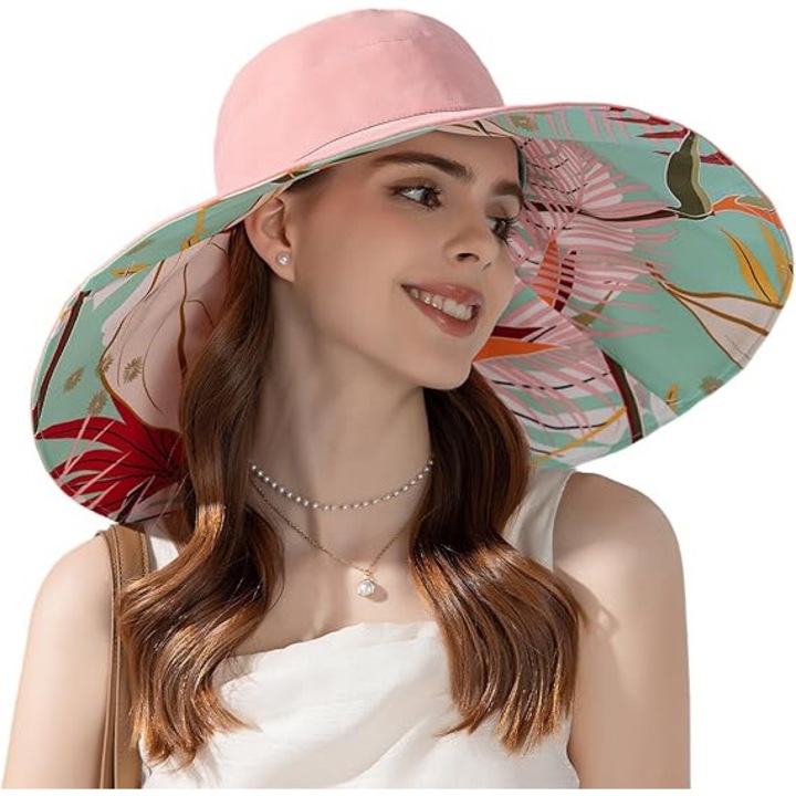 Palarie de dama cu boruri largi, design reversibil, protectie UV, pliabila, ajustabila, multicolor