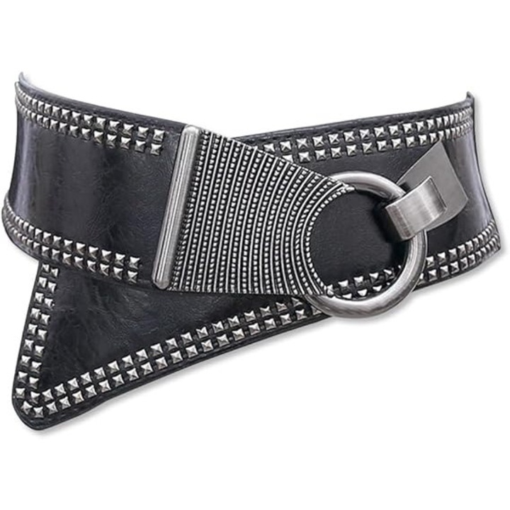 Curea elastica lata, curea de dama cu tinte, curea elastica din piele PU stil punk cu catarama metalica oblica, snur retro pentru curea, potrivita pentru jachete tip camasa (negru).